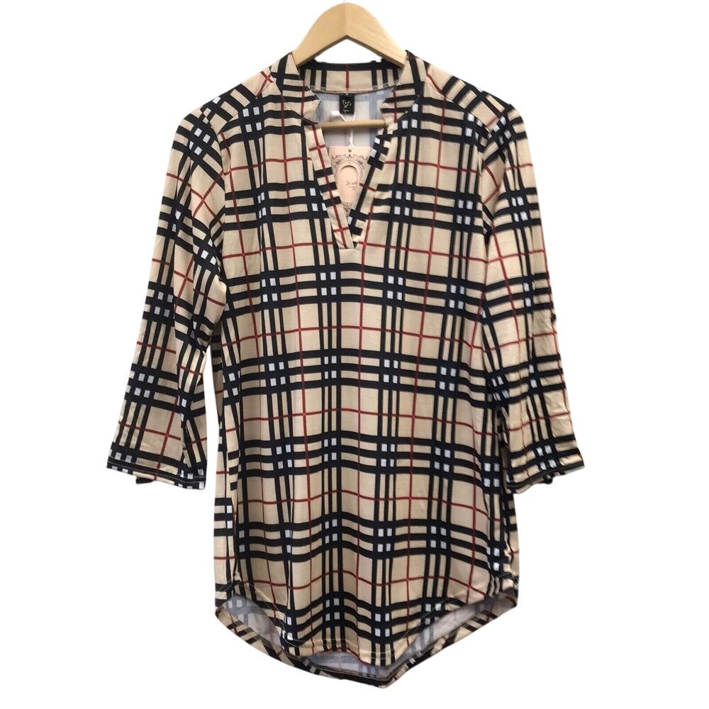 St Jubileens Top Womens Small Plaid Beige Blue Red